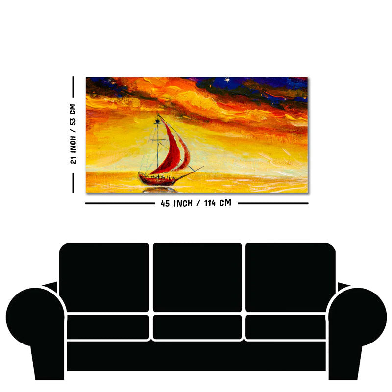 Sailing Ship with Red Sails with Yellow Sea Background Wall Painting