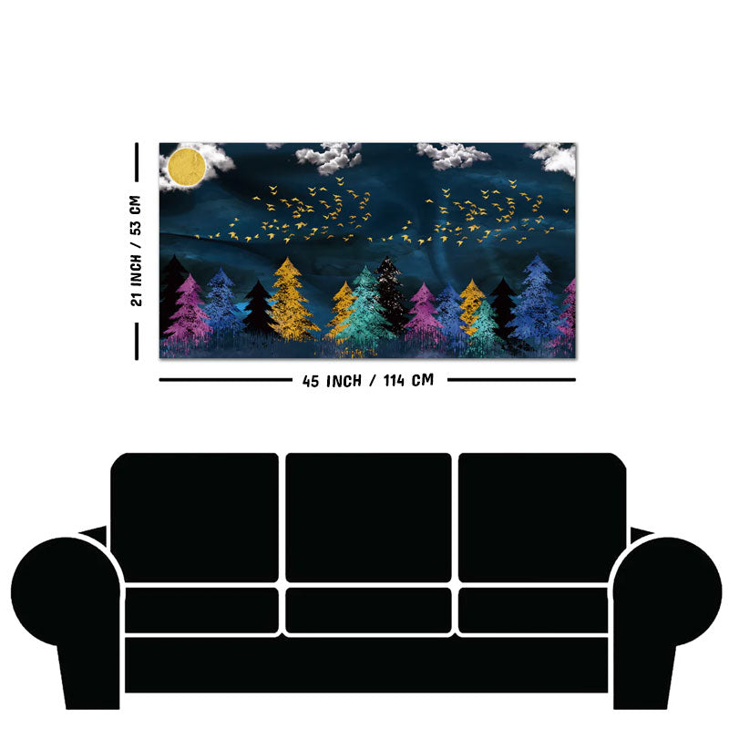Premium Canvas Wall Painting of Golden Birds Flying over The Dark Forest