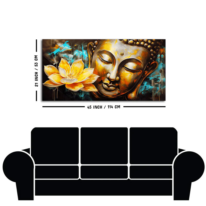 Golden Statue of Buddha with Lotus Flowers Canvas Wall Painting