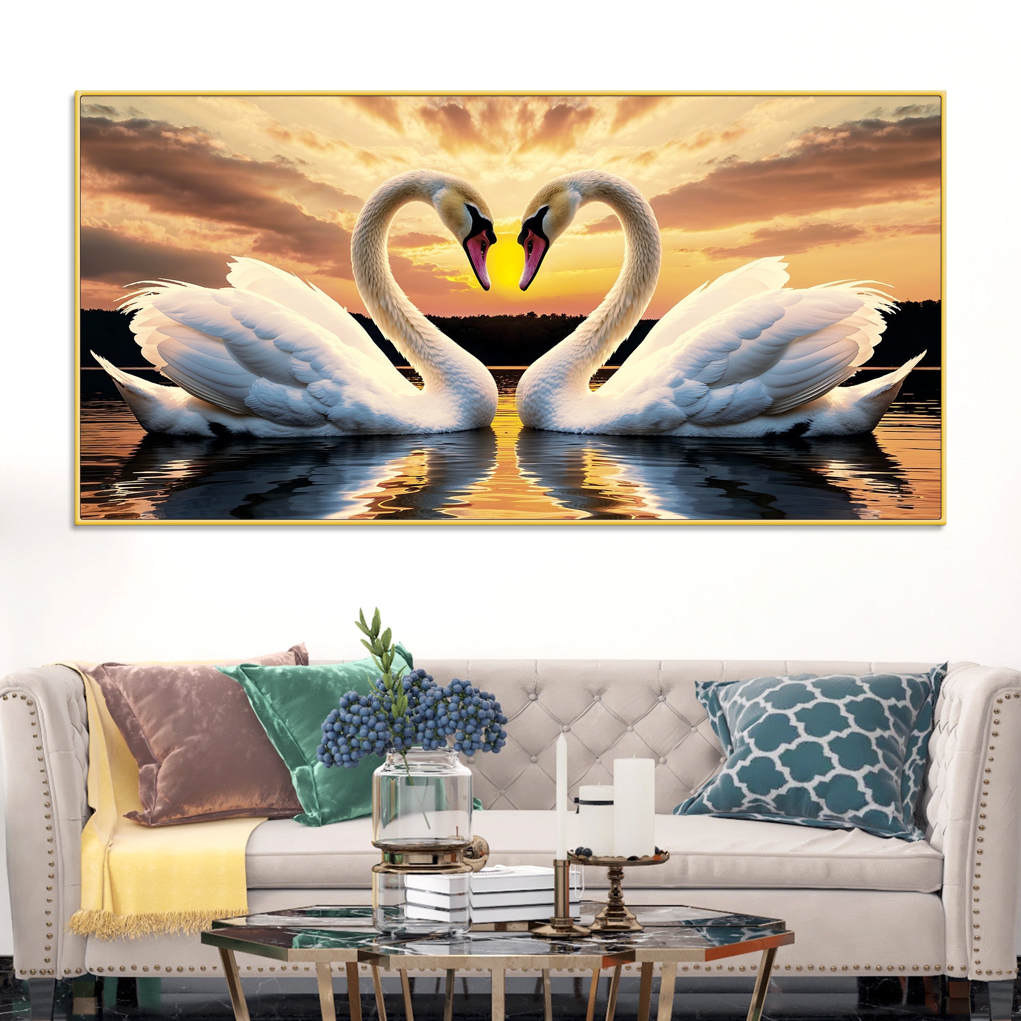 Beautiful Swan Pair Wall Painting for Home & Bedroom Decor
