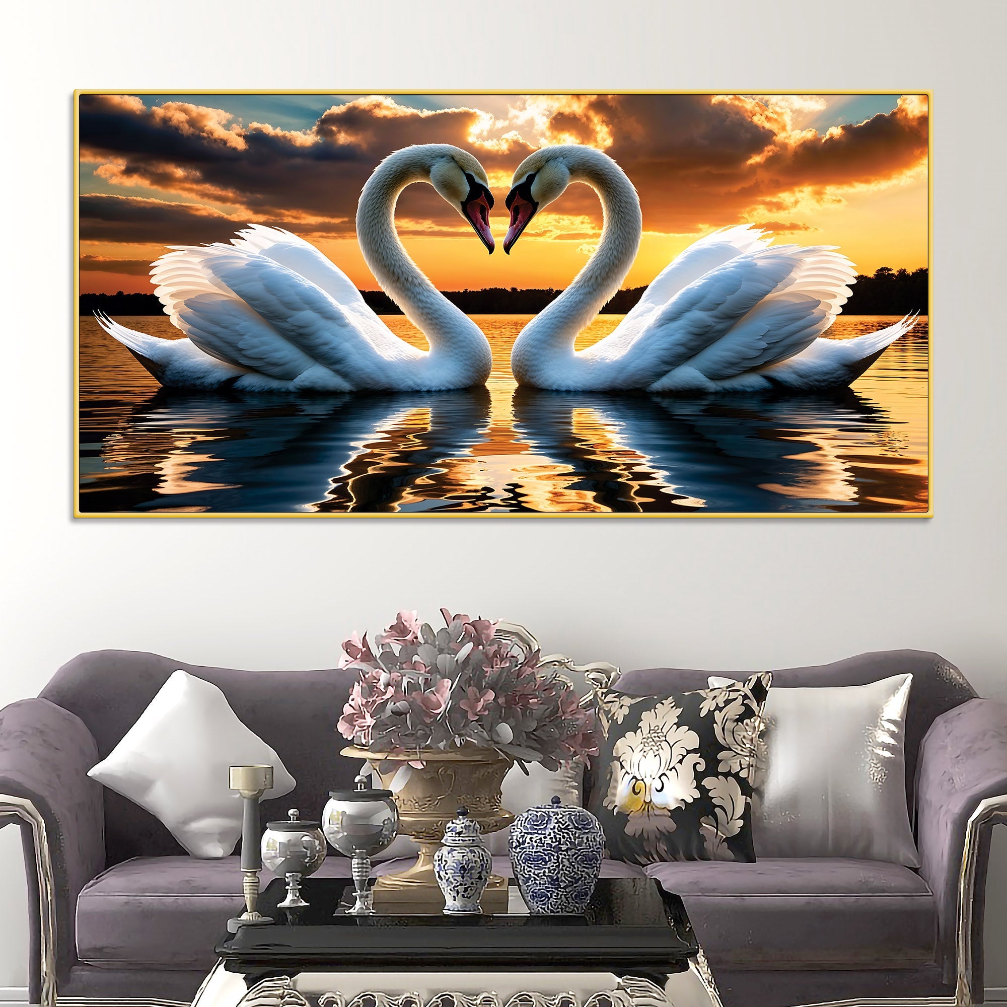 Elegant Swan Couple Wall Painting for Luxury Home Decor