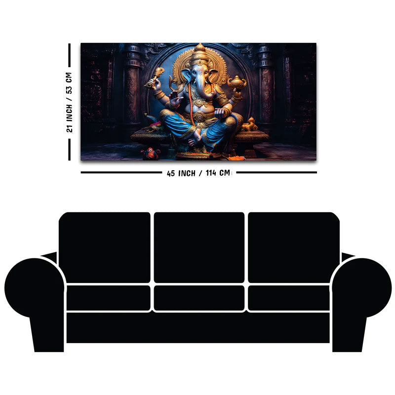 Shri Vighnaharta Lord Ganesha Auspicious Golden Sculpture Canvas Wall Painting for Home & Office – Modern Religious Wall Decor