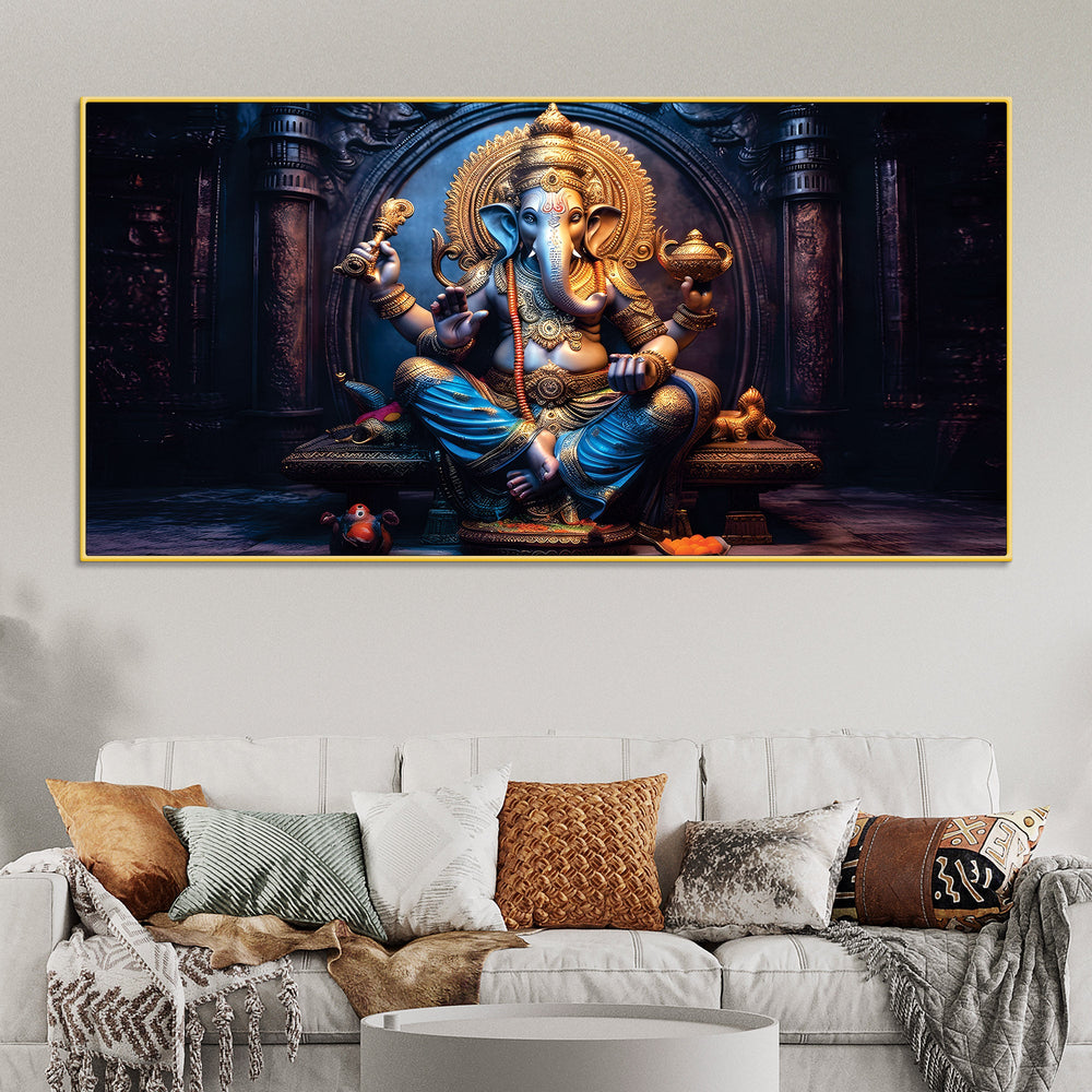 Shri Vighnaharta Lord Ganesha Auspicious Golden Sculpture Canvas Wall Painting for Home & Office – Modern Religious Wall Decor