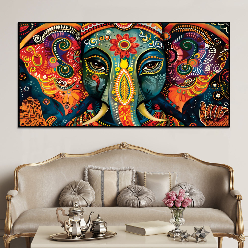 Vibrant Lord Ganesha Face Abstract Canvas Wall Painting for Home & Office – Modern Spiritual Wall Decor