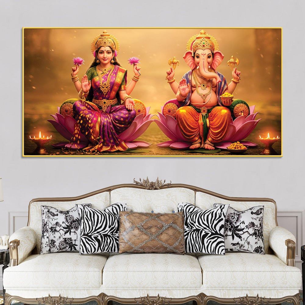 Shree Lakshmi & Ganesh Luxury Canvas Wall Painting for Home & Office – Modern Spiritual Wall Decor