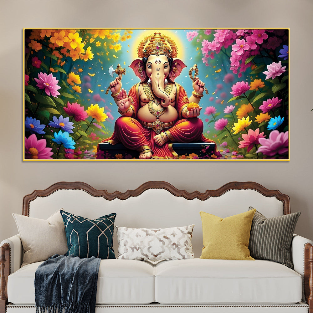 Lord Shree Ganesh with Colorful Flowers Premium Wall Art Canvas Painting for Home & Office Decor – Modern Devotional Wall Decor
