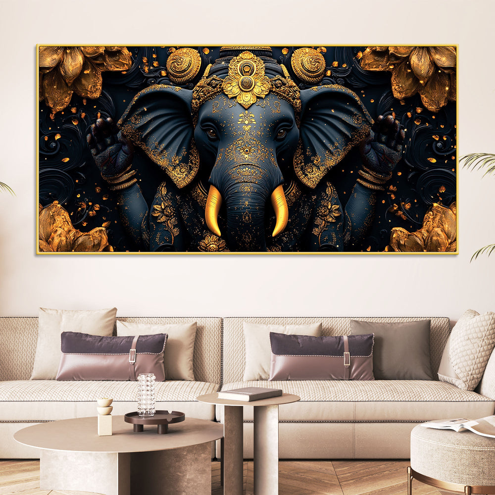 Divine Royal Black & Gold Lord Ganesha Canvas Wall Painting for Modern Home & Office Spaces