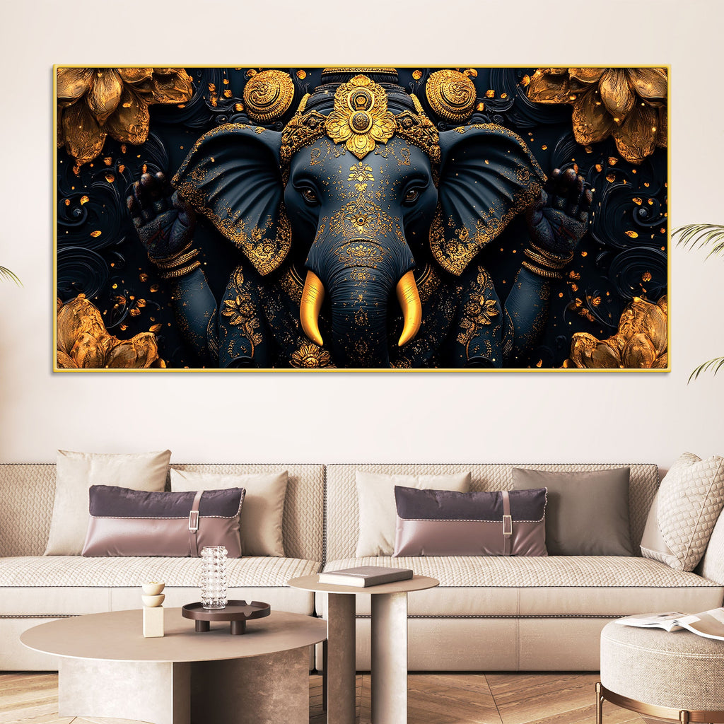 Divine Royal Black & Gold Lord Ganesha Canvas Wall Painting for Modern Home & Office Spaces