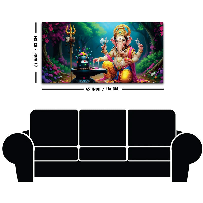 Divine Lord Shri Ganeshji Worshiping Lord Mahadev Shiva Lingam Luxury Canvas Wall Painting for Home & Temple Wall Decor – Modern Religious Wall Art