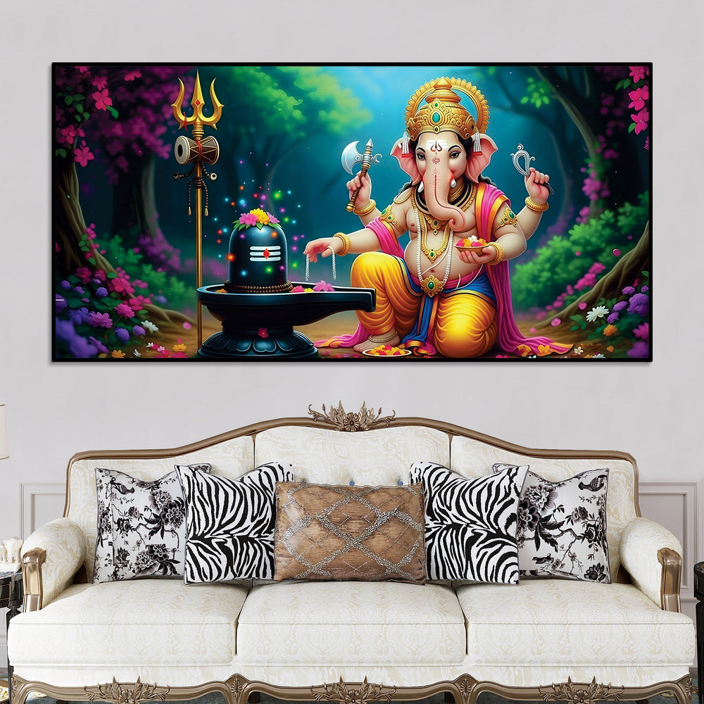 Divine Lord Shri Ganeshji Worshiping Lord Mahadev Shiva Lingam Luxury Canvas Wall Painting for Home & Temple Wall Decor – Modern Religious Wall Art