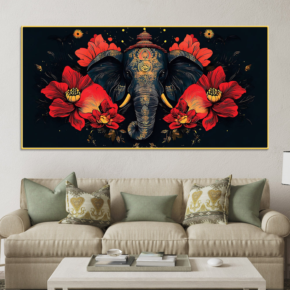 Royal Elephant with Hibiscus flowers Artistic Canvas Wall Painting for Home & Office – Premium Wall Decor