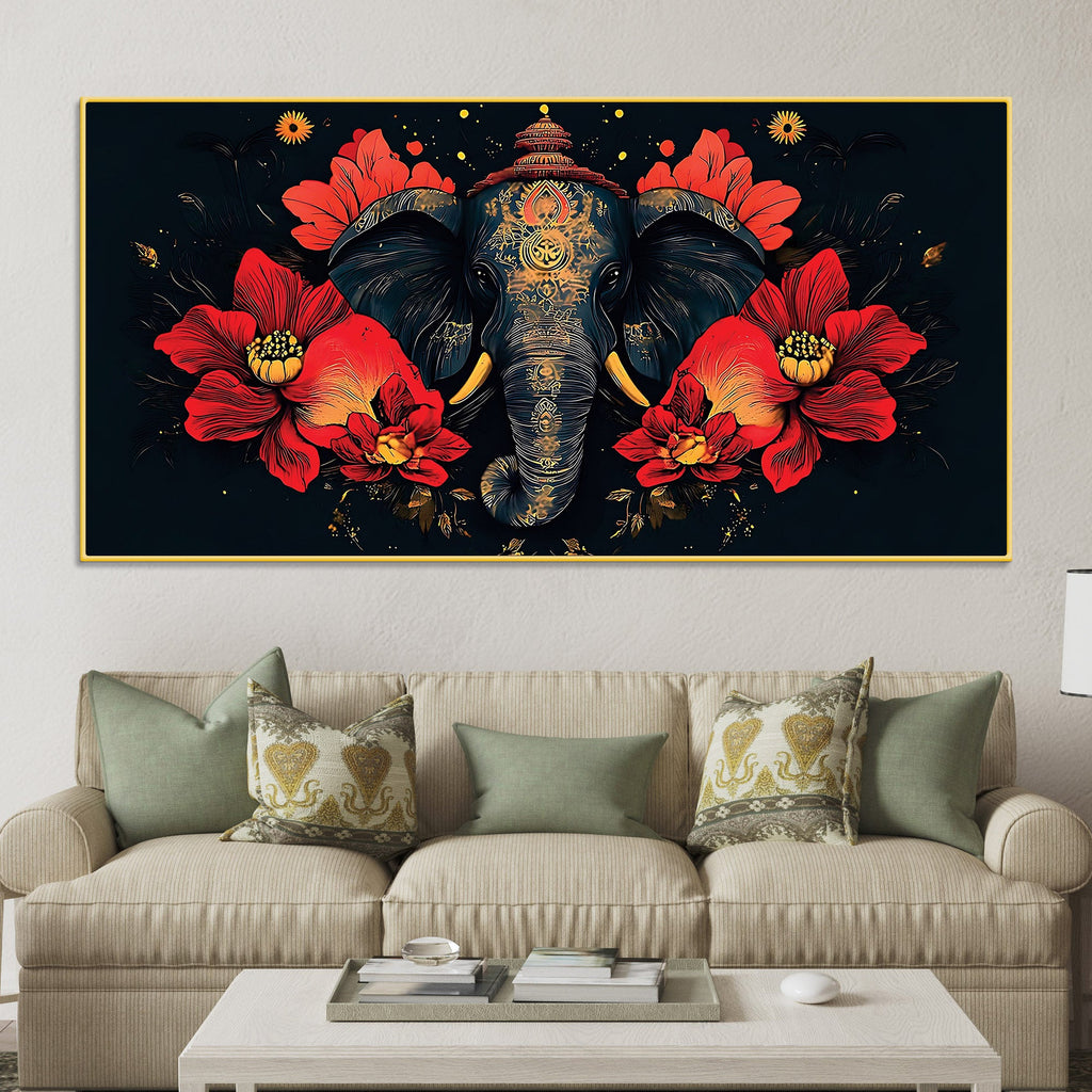 Royal Elephant with Hibiscus flowers Artistic Canvas Wall Painting for Home & Office – Premium Wall Decor