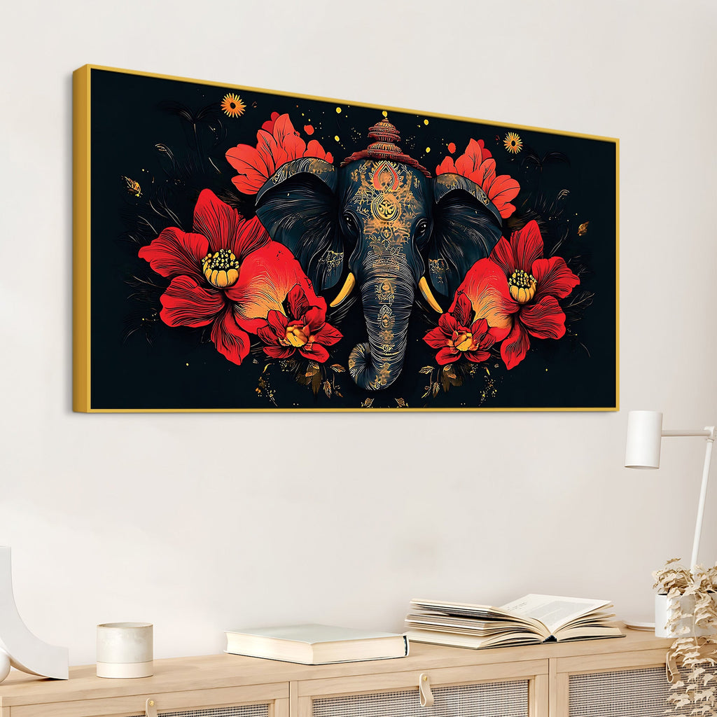 Royal Elephant with Hibiscus flowers Artistic Canvas Wall Painting for Home & Office – Premium Wall Decor