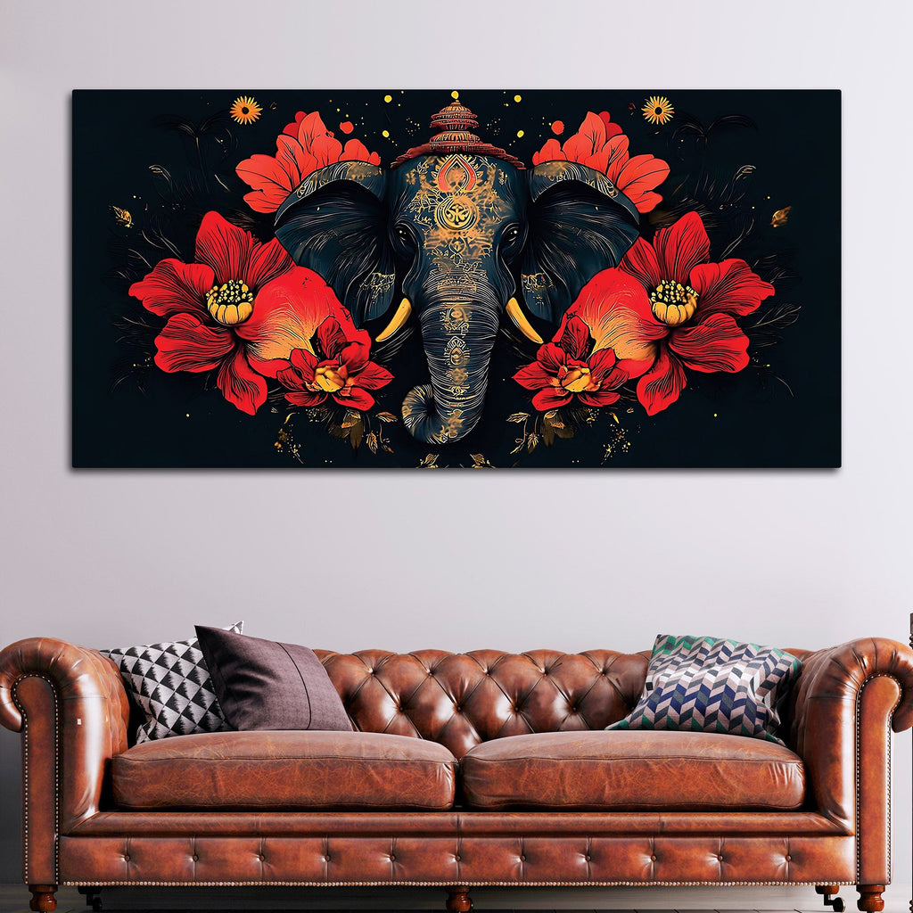 Royal Elephant with Hibiscus flowers Artistic Canvas Wall Painting for Home & Office – Premium Wall Decor