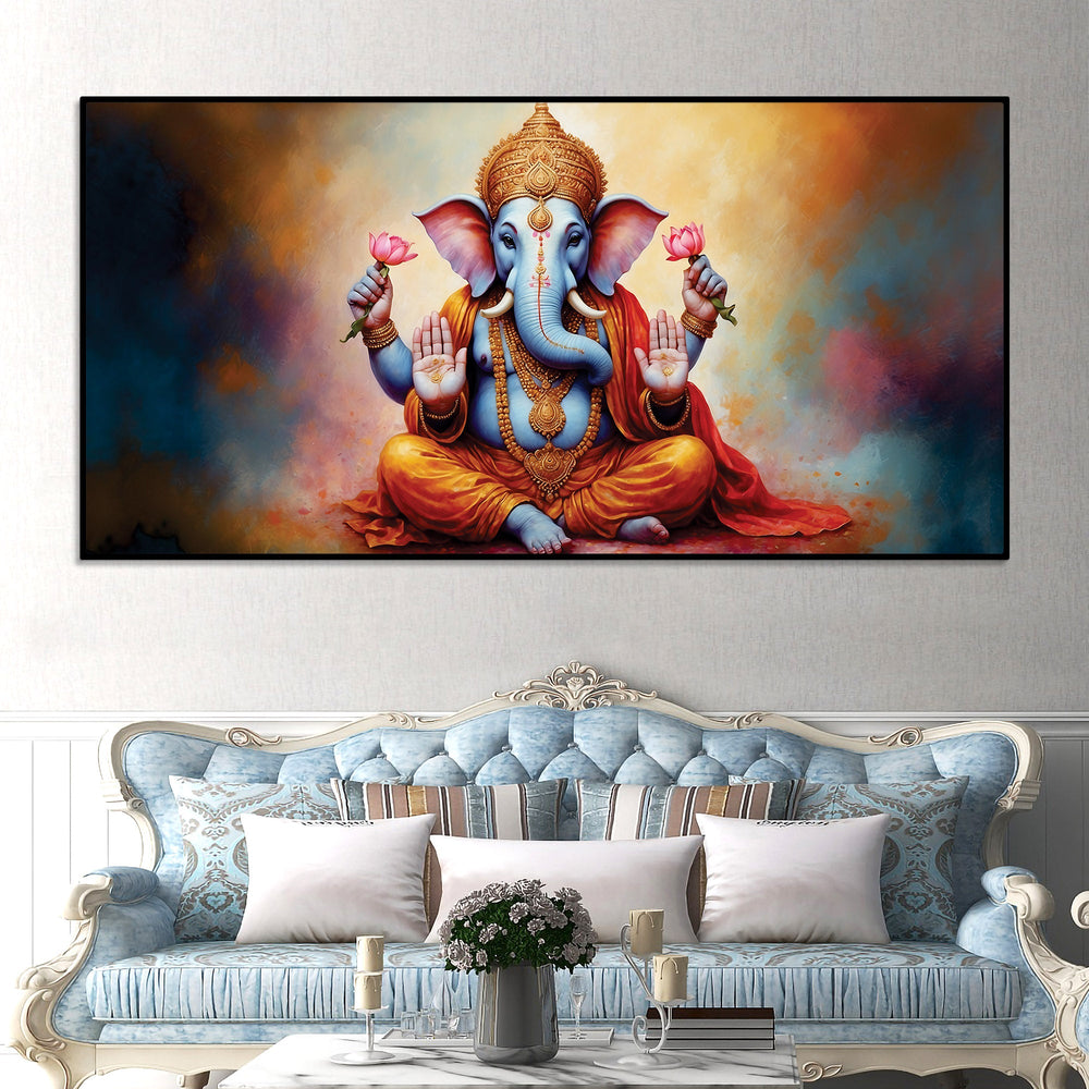 Serene Lord Shri Ganesha Giving Blessings Portrait Wall Painting for Home Interior – Modern Devotional Canvas Wall Art for Home