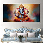 Serene Lord Shri Ganesha Giving Blessings Portrait Wall Painting for Home Interior – Modern Devotional Canvas Wall Art for Home