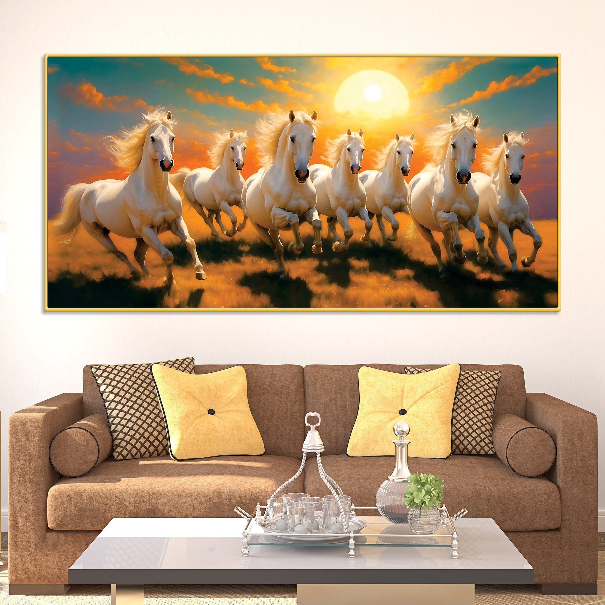 Seven Running Horses at Dawn Premium Wall Painting