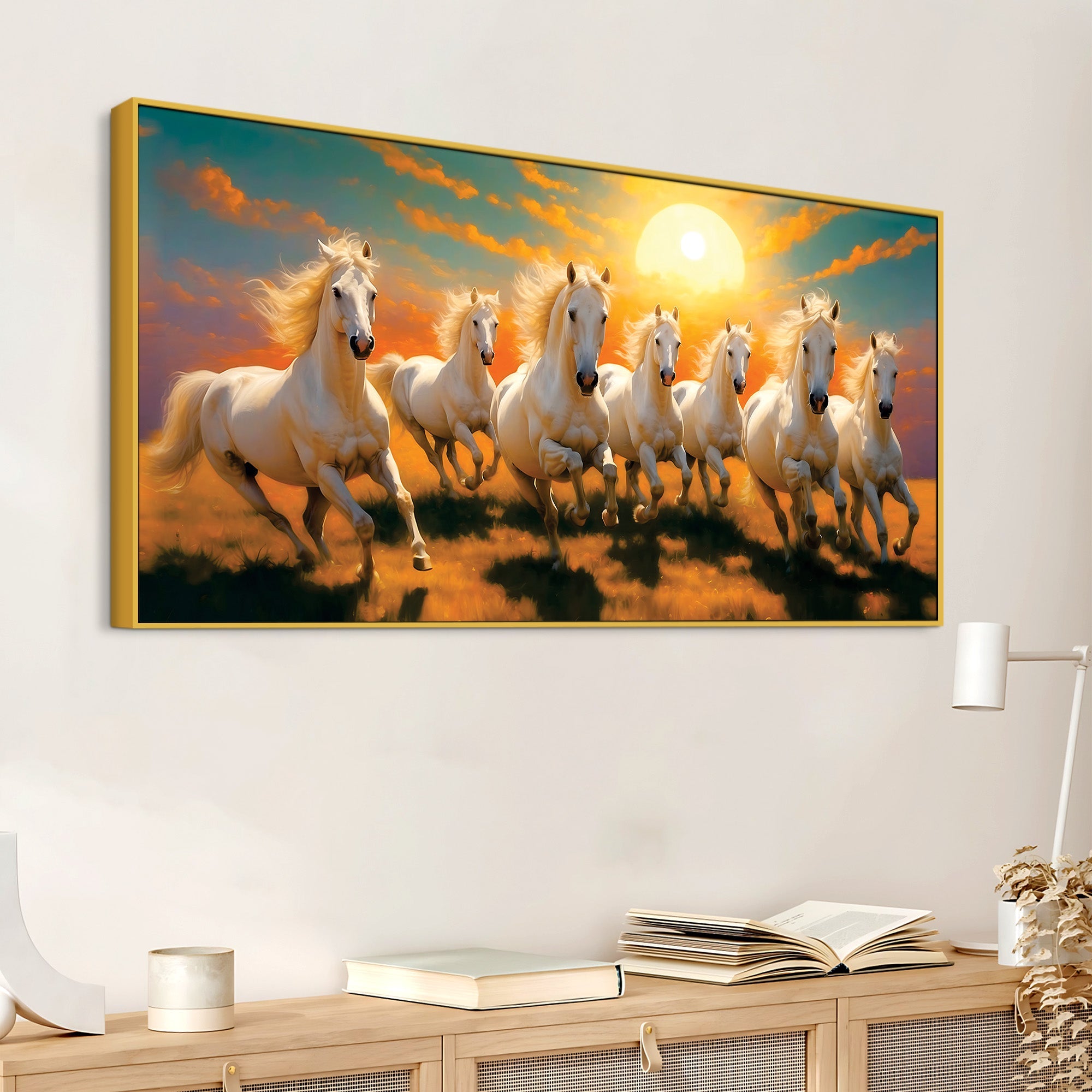 Seven Running Horses at Dawn Premium Wall Painting