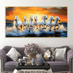Scenic view of Seven Horses Running at Beach Canvas Wall Painting