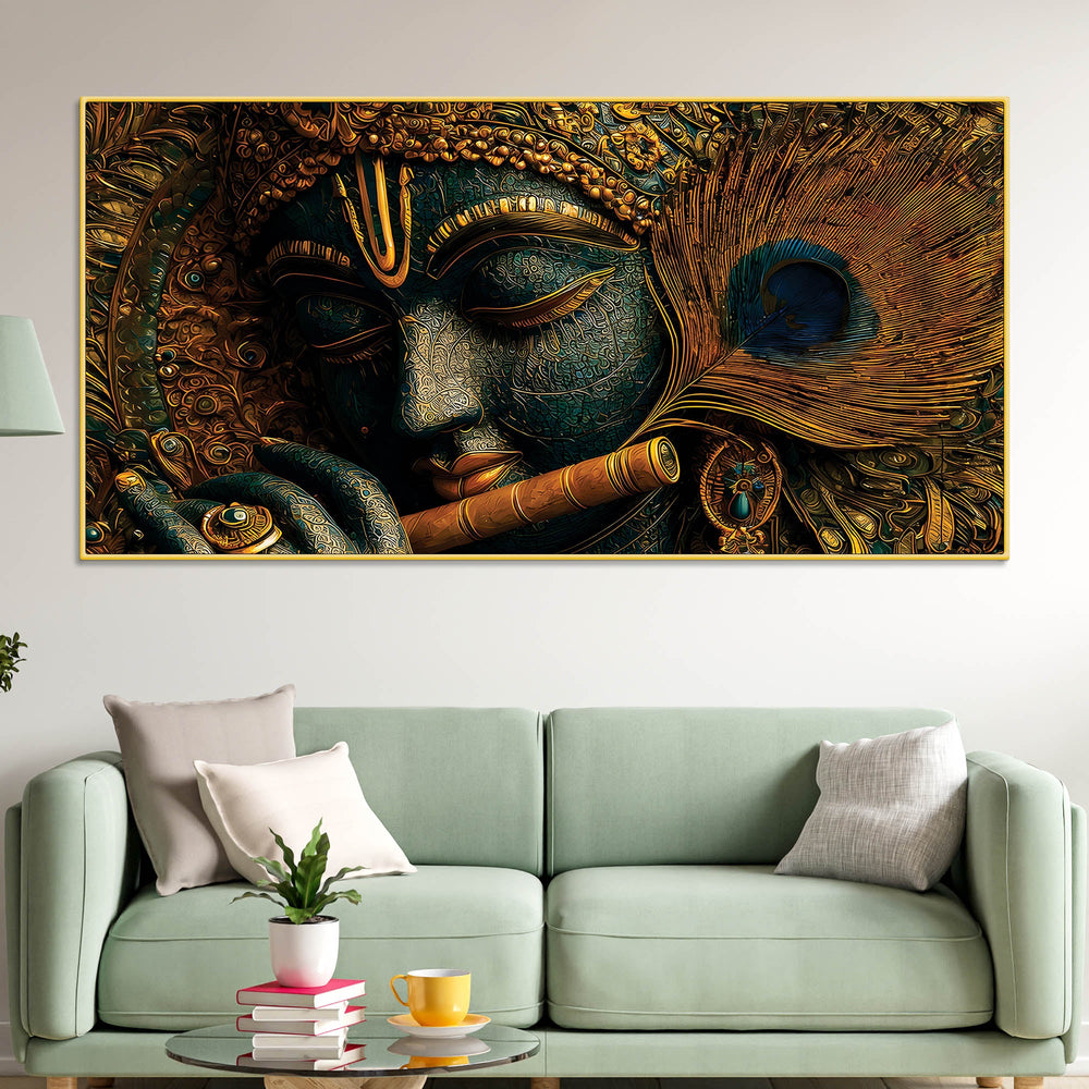 Lord Krishna Flute Textured Canvas Wall Painting for Living Room Decor