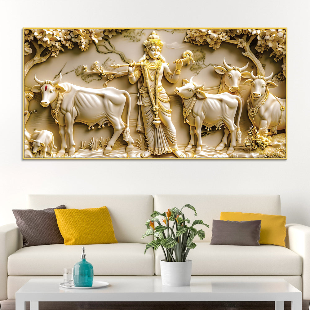 Lord Krishna with Cows Canvas Wall Painting for Living Room Decor