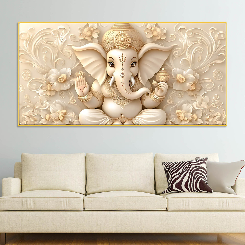 Modern Lord Ganesha Floral Canvas Painting – Auspicious Wall Art