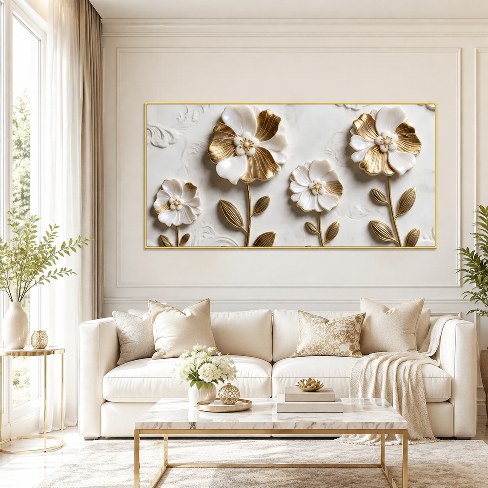Elegant Golden White Flower Acrylic Wall Art with Dimensional Floral Design
