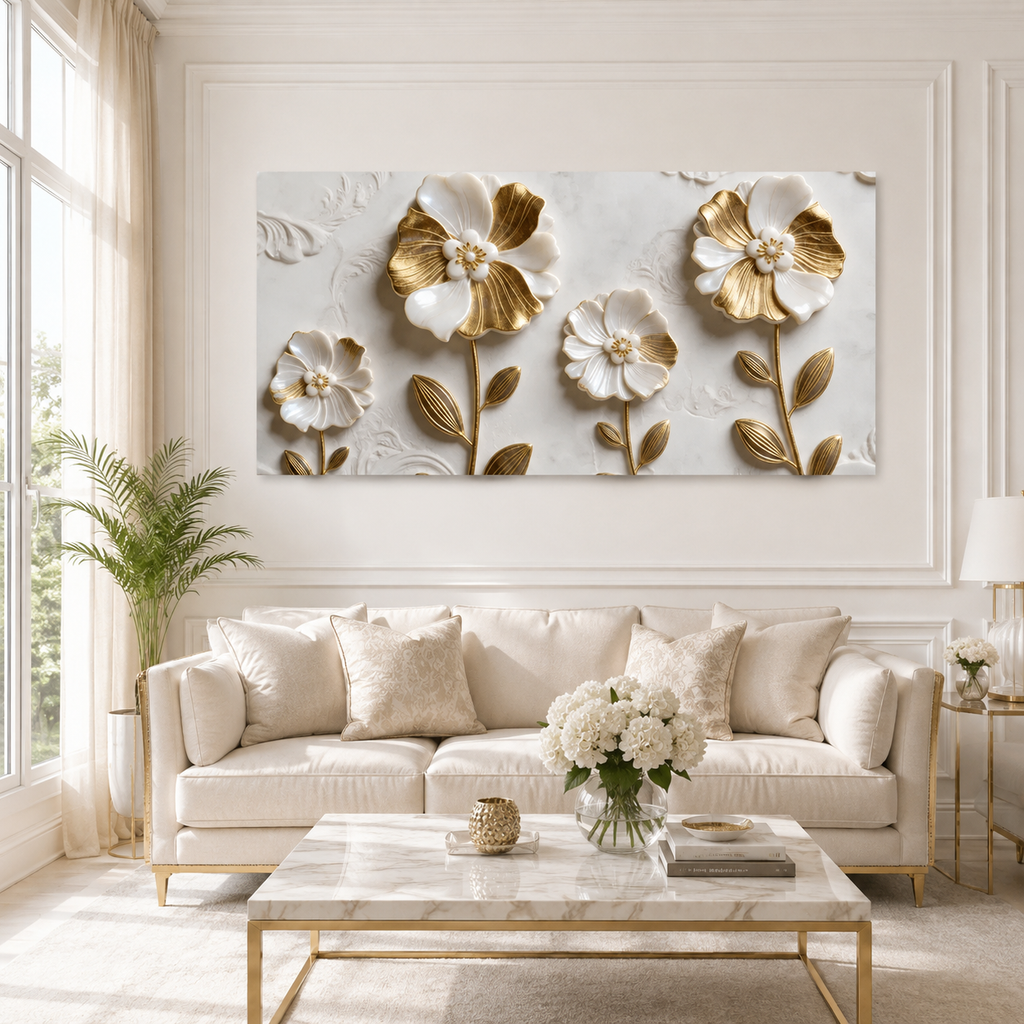Elegant Golden White Flower Acrylic Wall Art with Dimensional Floral Design