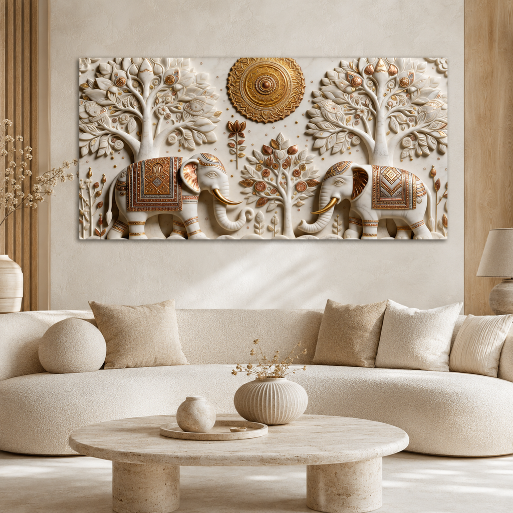 Stunning 3D Elephant Painting with Sacred Tree of Life and Gold Embossed Artwork