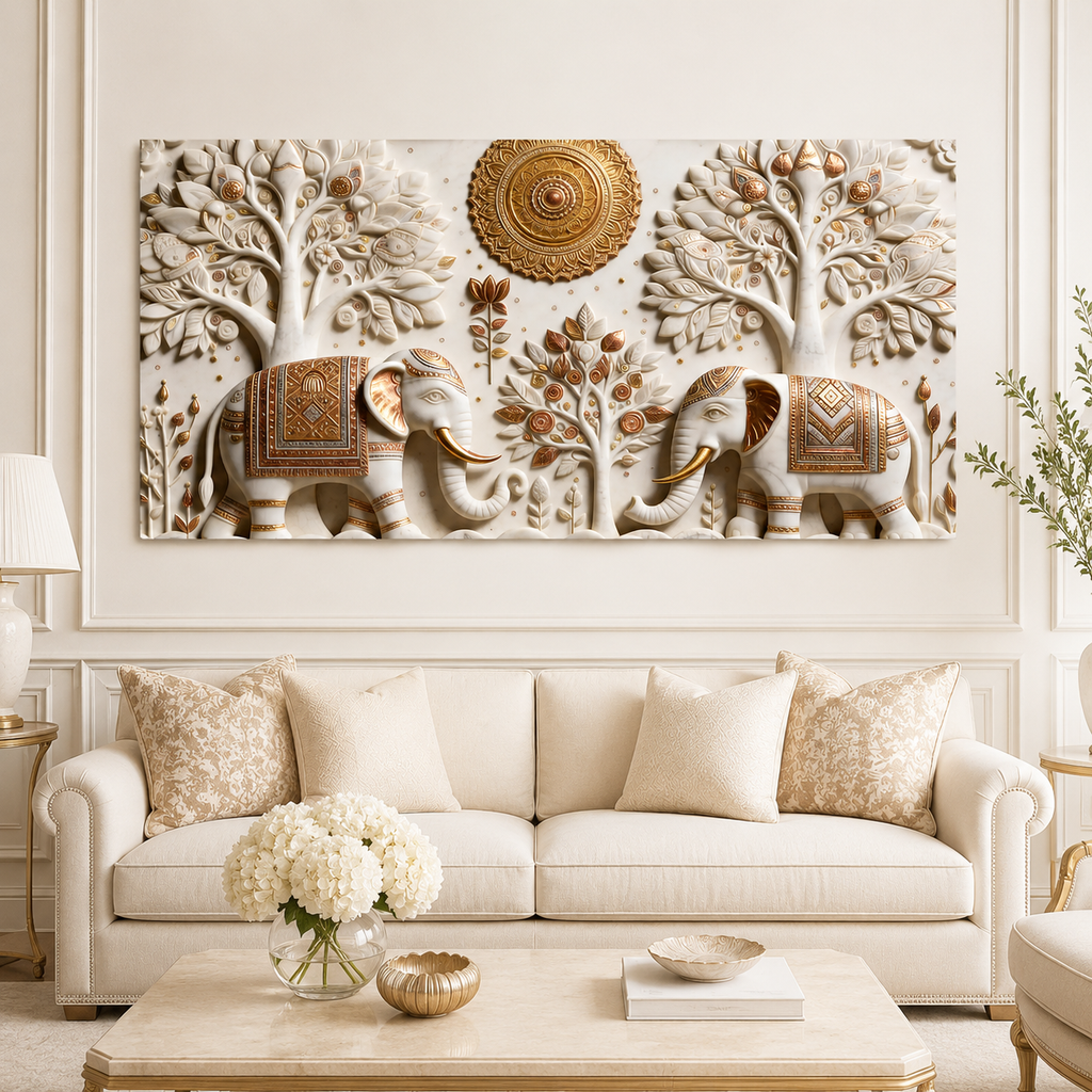 Stunning 3D Elephant Painting with Sacred Tree of Life and Gold Embossed Artwork