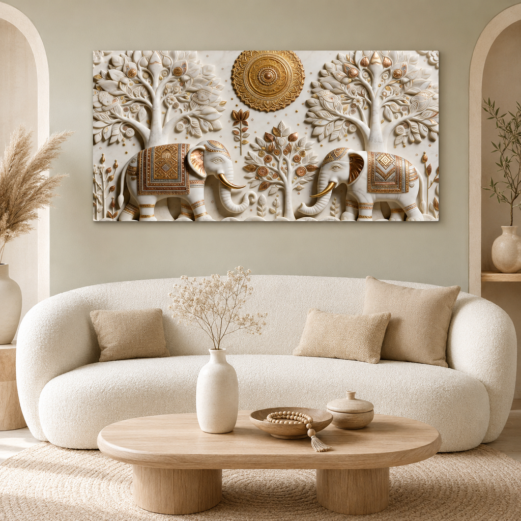 Stunning 3D Elephant Painting with Sacred Tree of Life and Gold Embossed Artwork