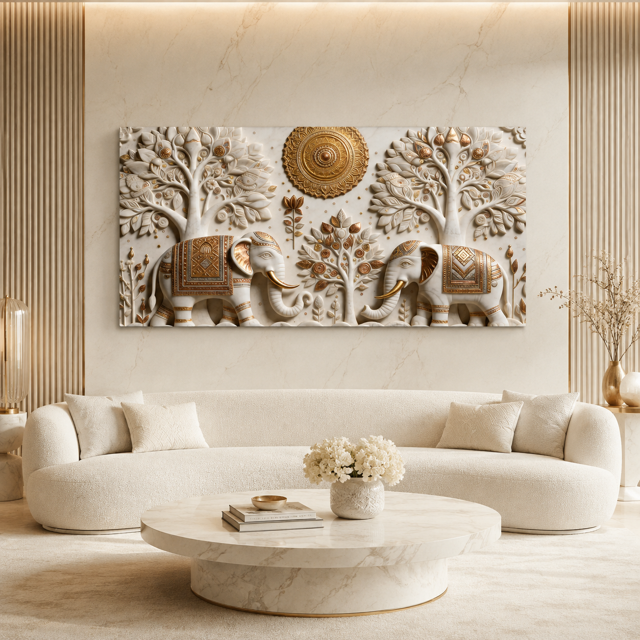 Stunning 3D Elephant Painting with Sacred Tree of Life and Gold Embossed Artwork