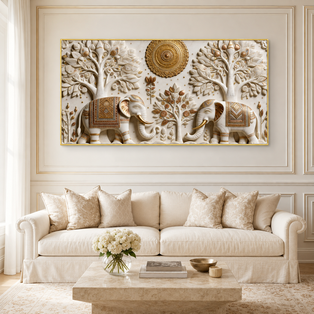 Stunning 3D Elephant Painting with Sacred Tree of Life and Gold Embossed Artwork