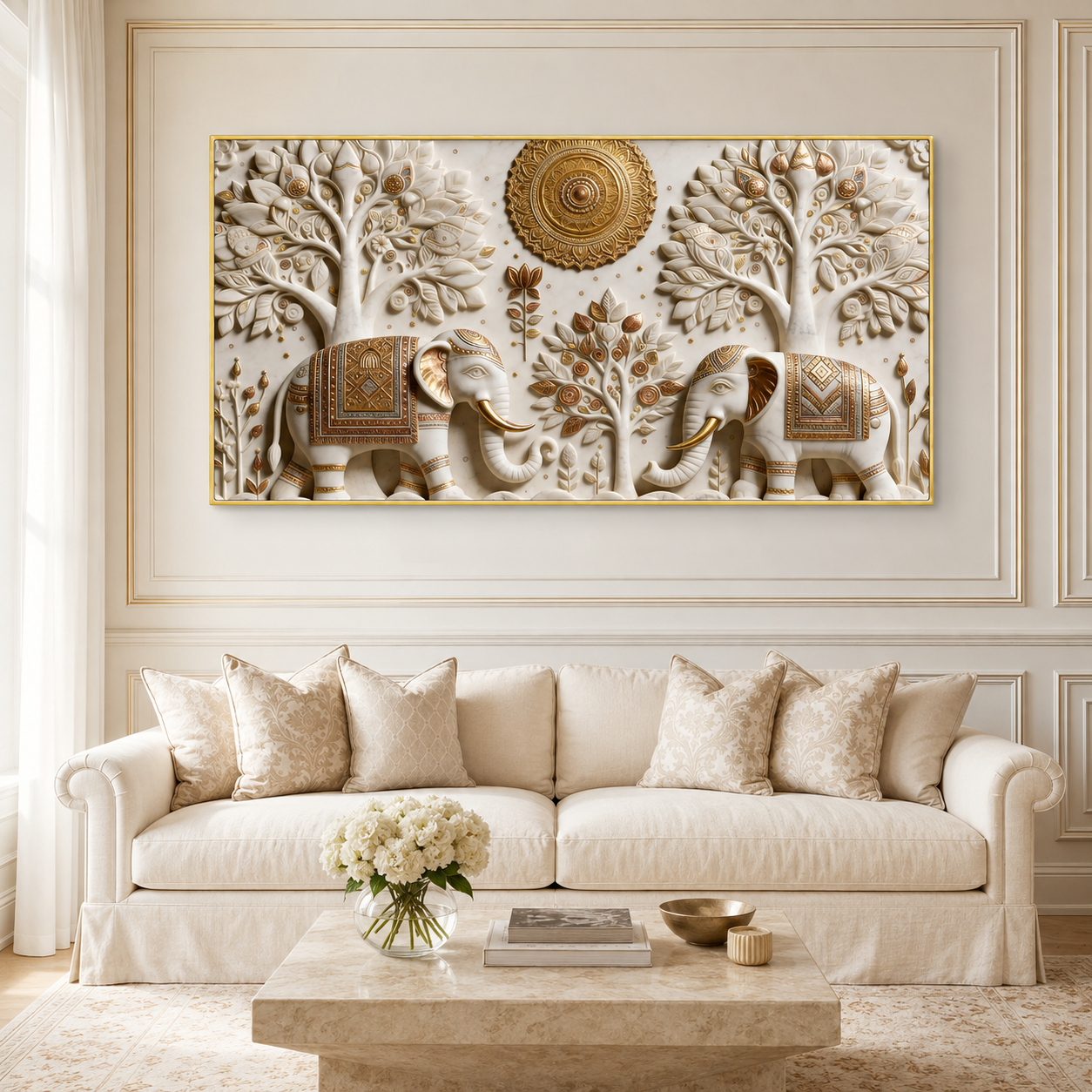 Stunning 3D Elephant Painting with Sacred Tree of Life and Gold Embossed Artwork