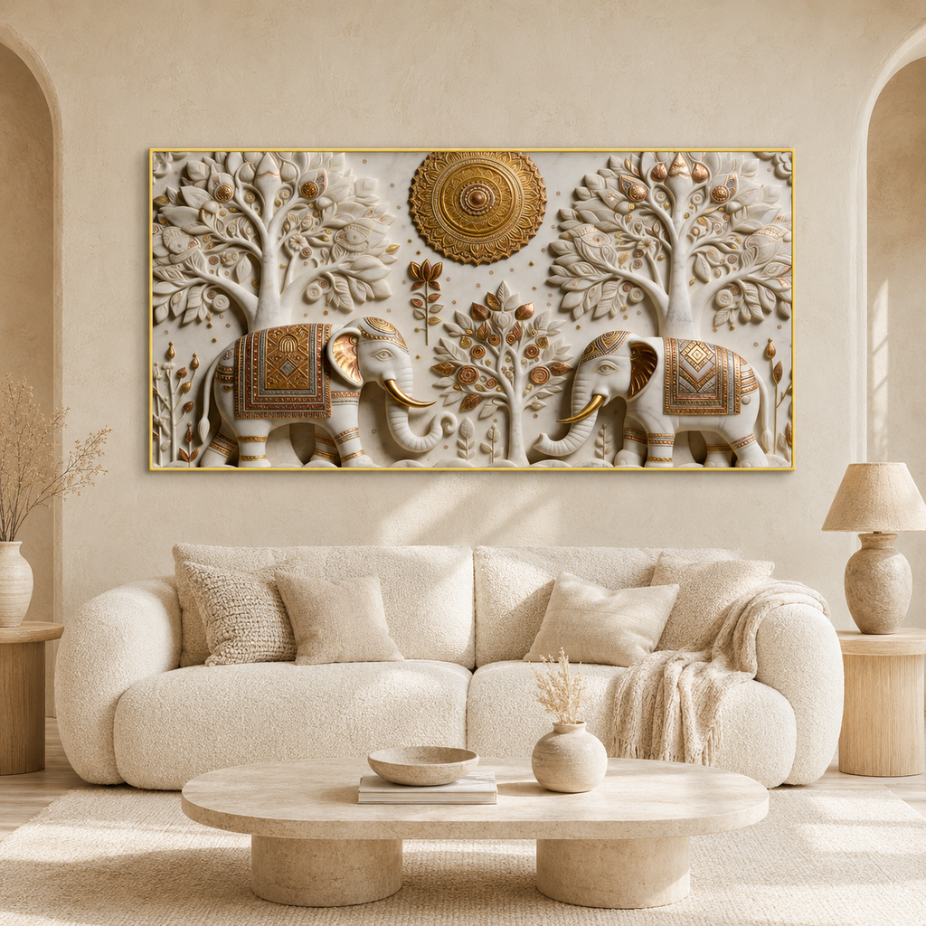 Stunning 3D Elephant Painting with Sacred Tree of Life and Gold Embossed Artwork