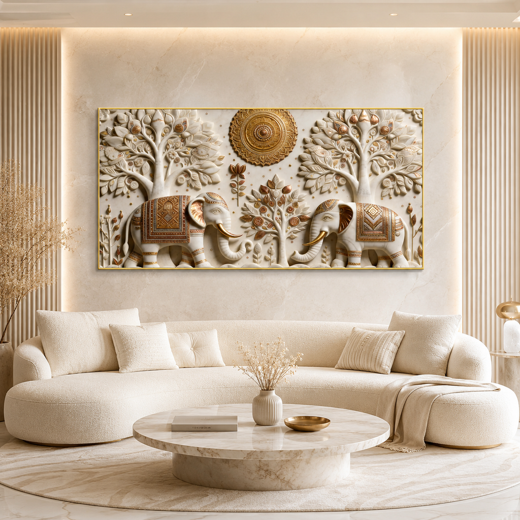 Stunning 3D Elephant Painting with Sacred Tree of Life and Gold Embossed Artwork