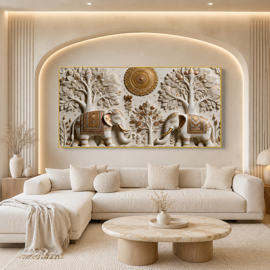 Stunning 3D Elephant Painting with Sacred Tree of Life and Gold Embossed Artwork