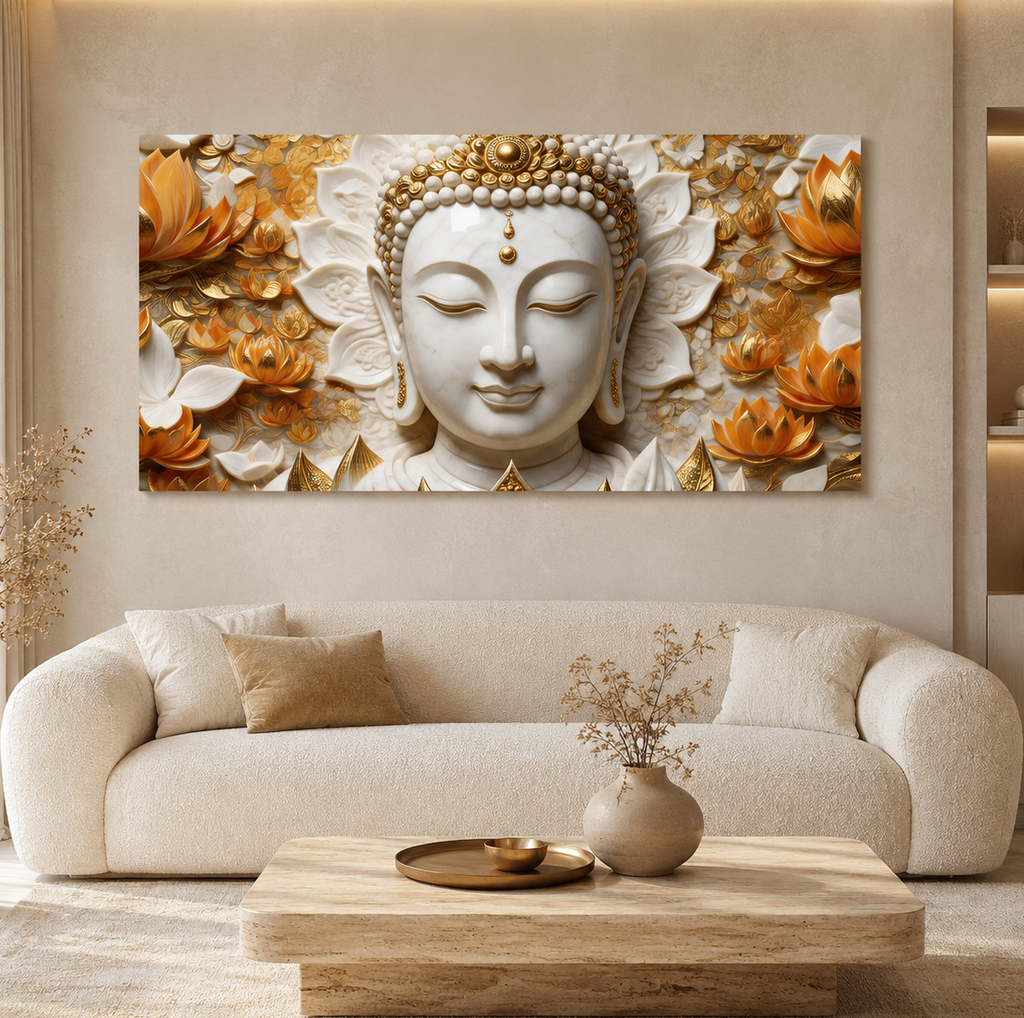 Serene Buddha Face 3D Wall Painting with Lotus Flowers
