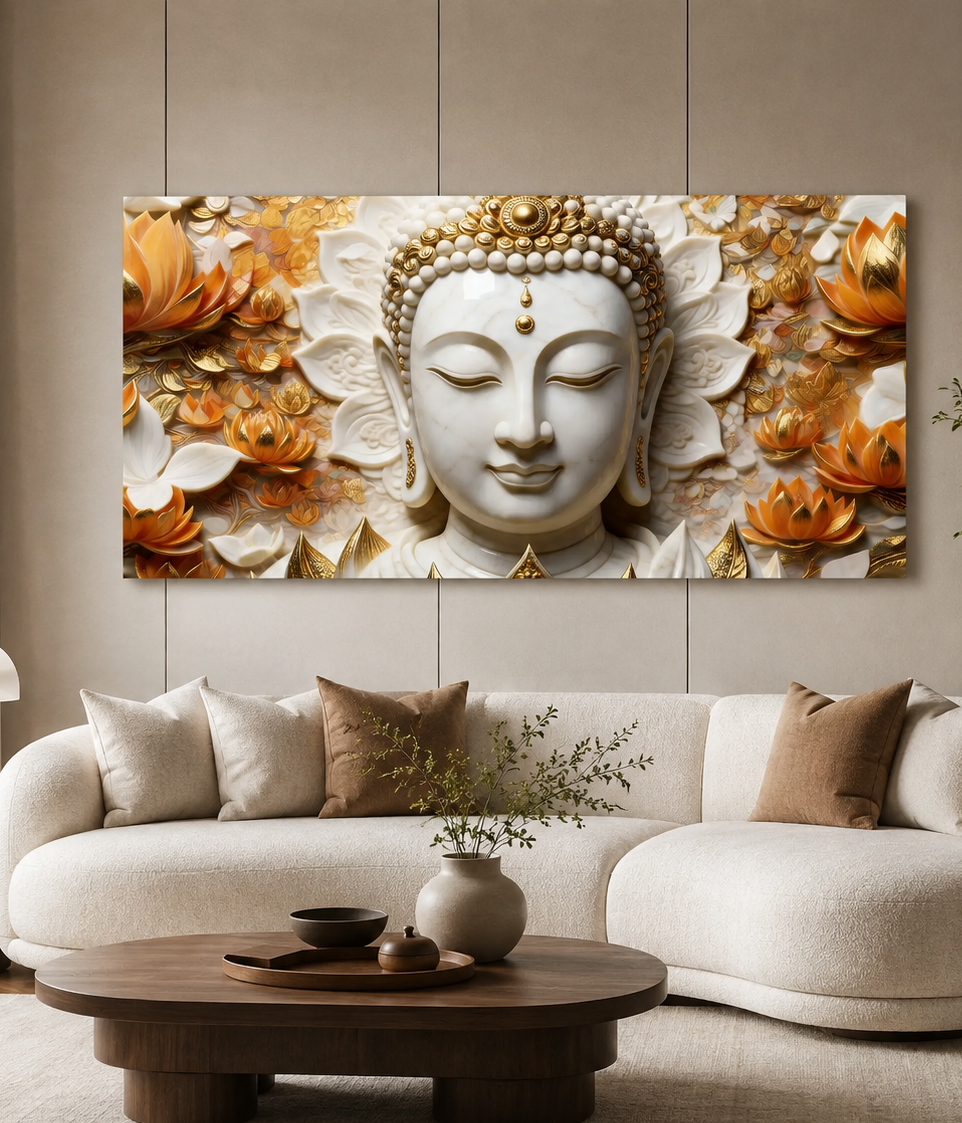 Serene Buddha Face 3D Wall Painting with Lotus Flowers