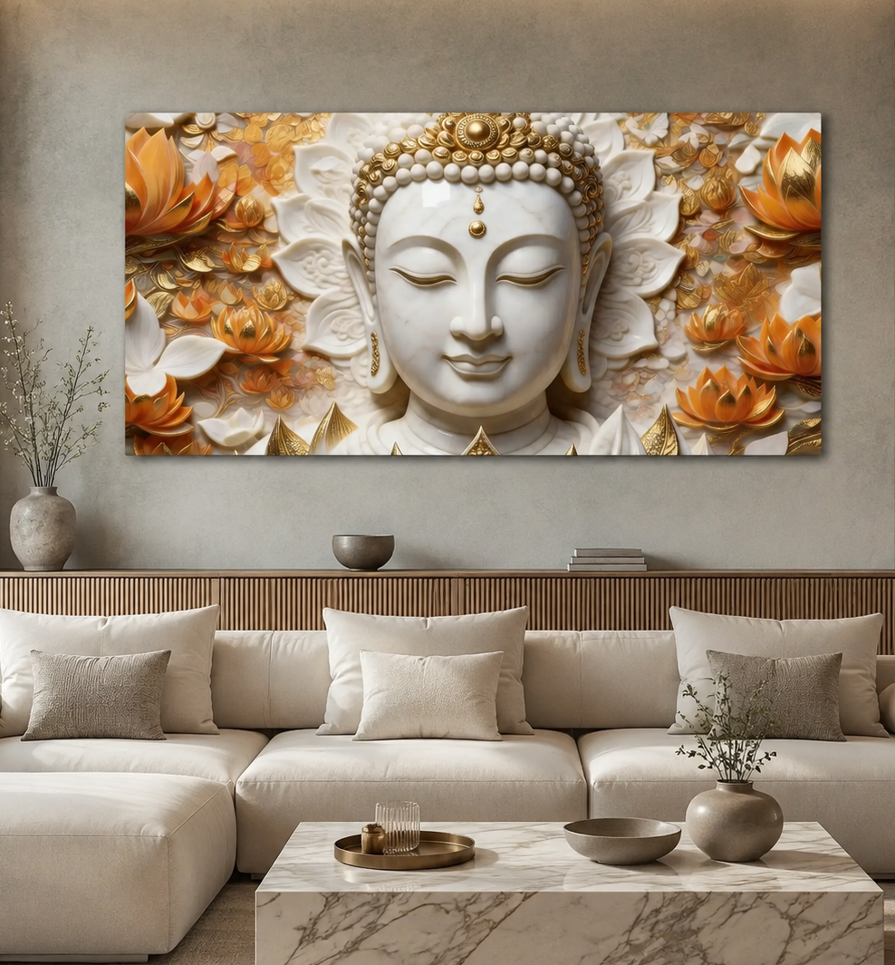 Serene Buddha Face 3D Wall Painting with Lotus Flowers