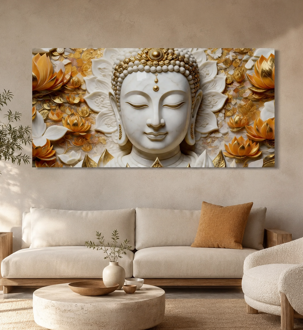 Serene Buddha Face 3D Wall Painting with Lotus Flowers