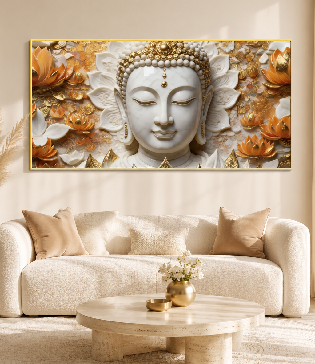 Serene Buddha Face 3D Wall Painting with Lotus Flowers