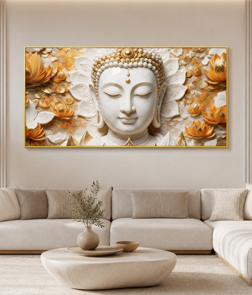 Serene Buddha Face 3D Wall Painting with Lotus Flowers