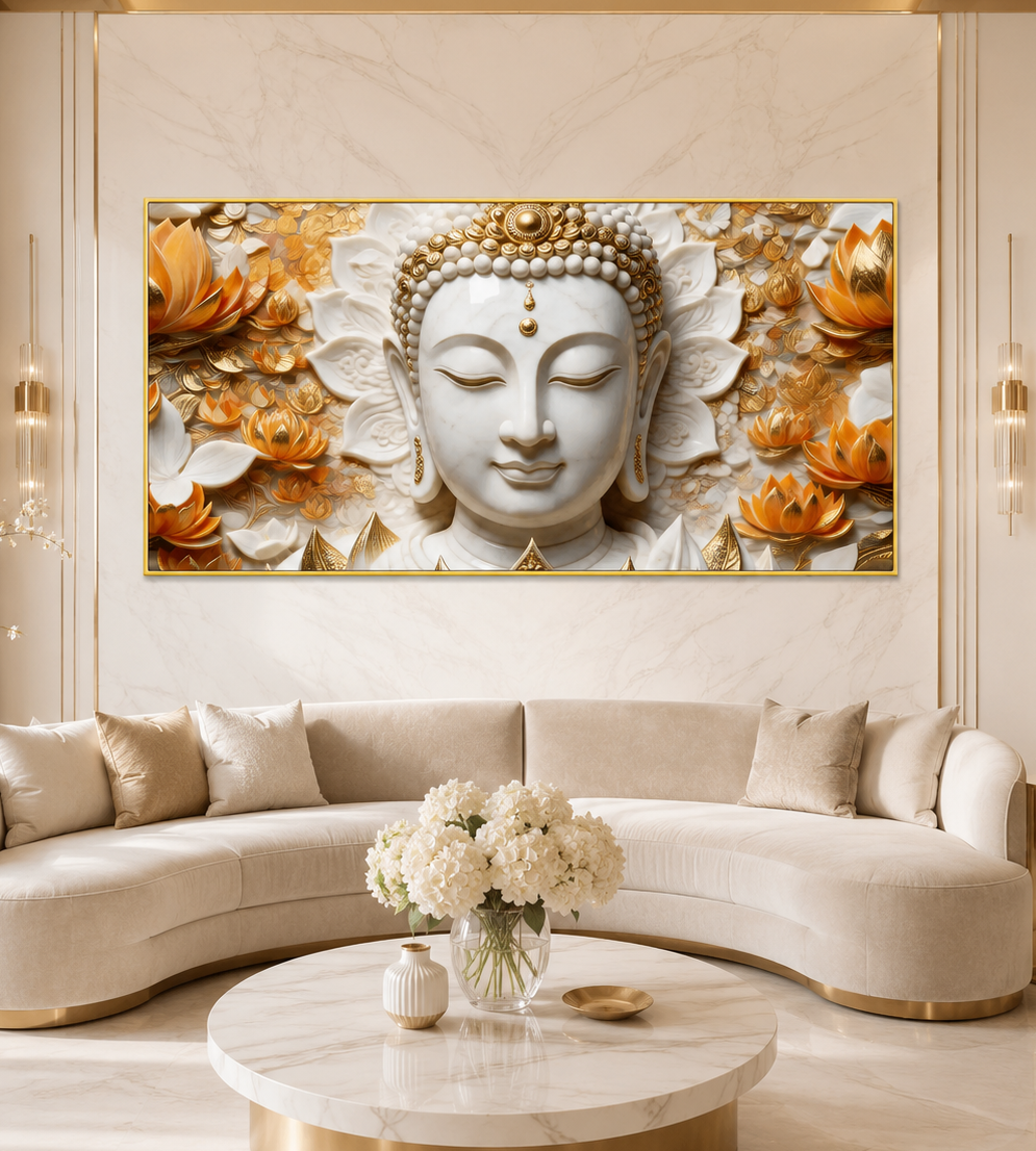 Serene Buddha Face 3D Wall Painting with Lotus Flowers