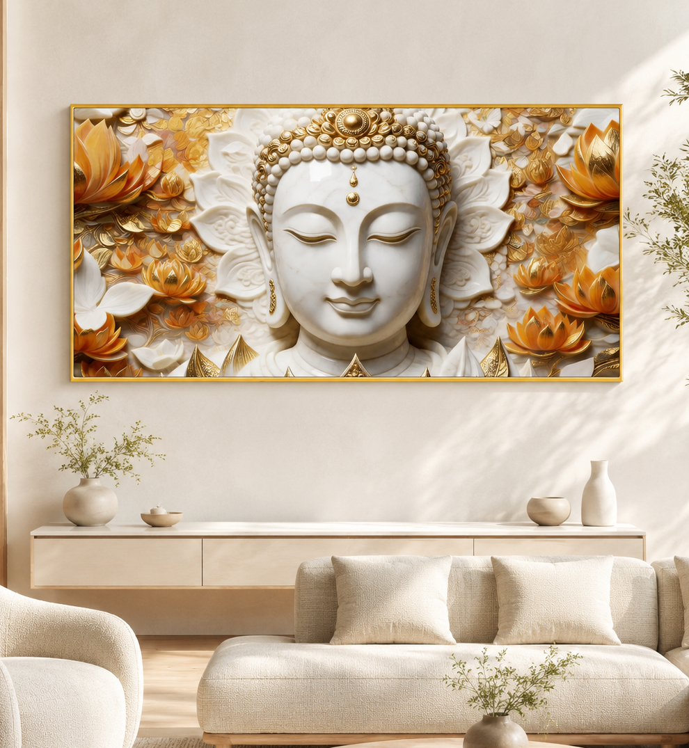 Serene Buddha Face 3D Wall Painting with Lotus Flowers