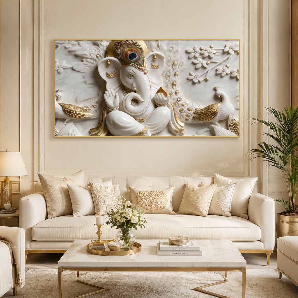 Spiritual 3D Ganesha Painting with Peacock Design and Golden Embossed Details for Home