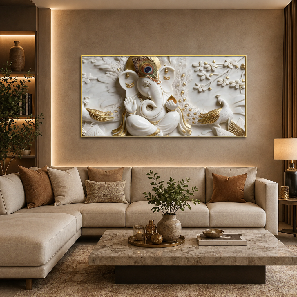 Spiritual 3D Ganesha Painting with Peacock Design and Golden Embossed Details for Home
