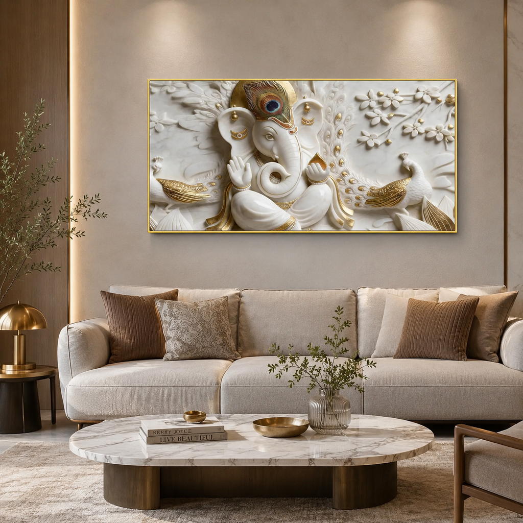 Spiritual 3D Ganesha Painting with Peacock Design and Golden Embossed Details for Home