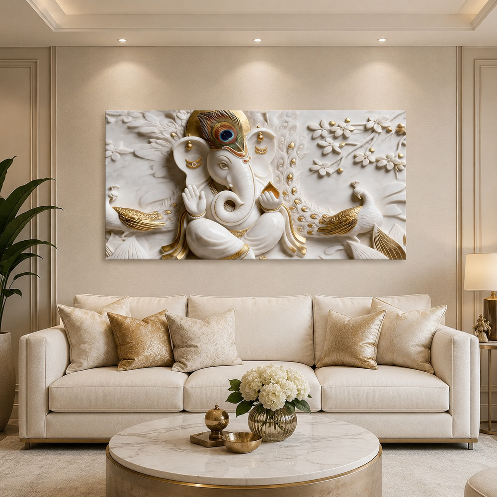 Spiritual 3D Ganesha Painting with Peacock Design and Golden Embossed Details for Home