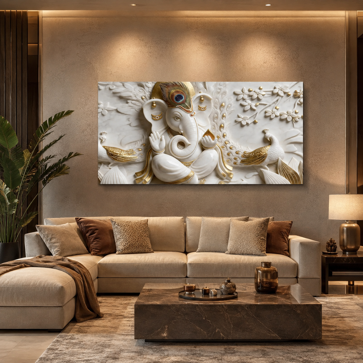 Spiritual 3D Ganesha Painting with Peacock Design and Golden Embossed Details for Home